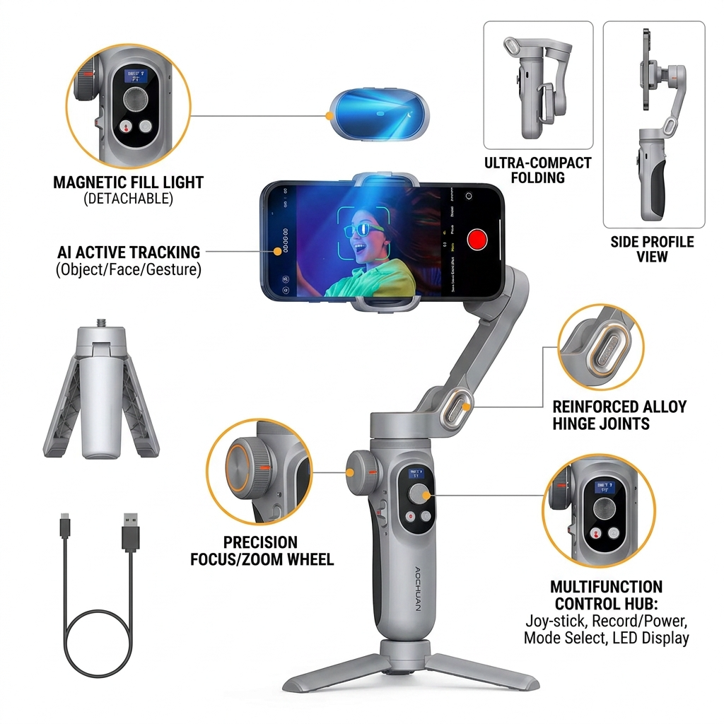 AOCHUAN 3-axis smartphone gimbal with LED fill light