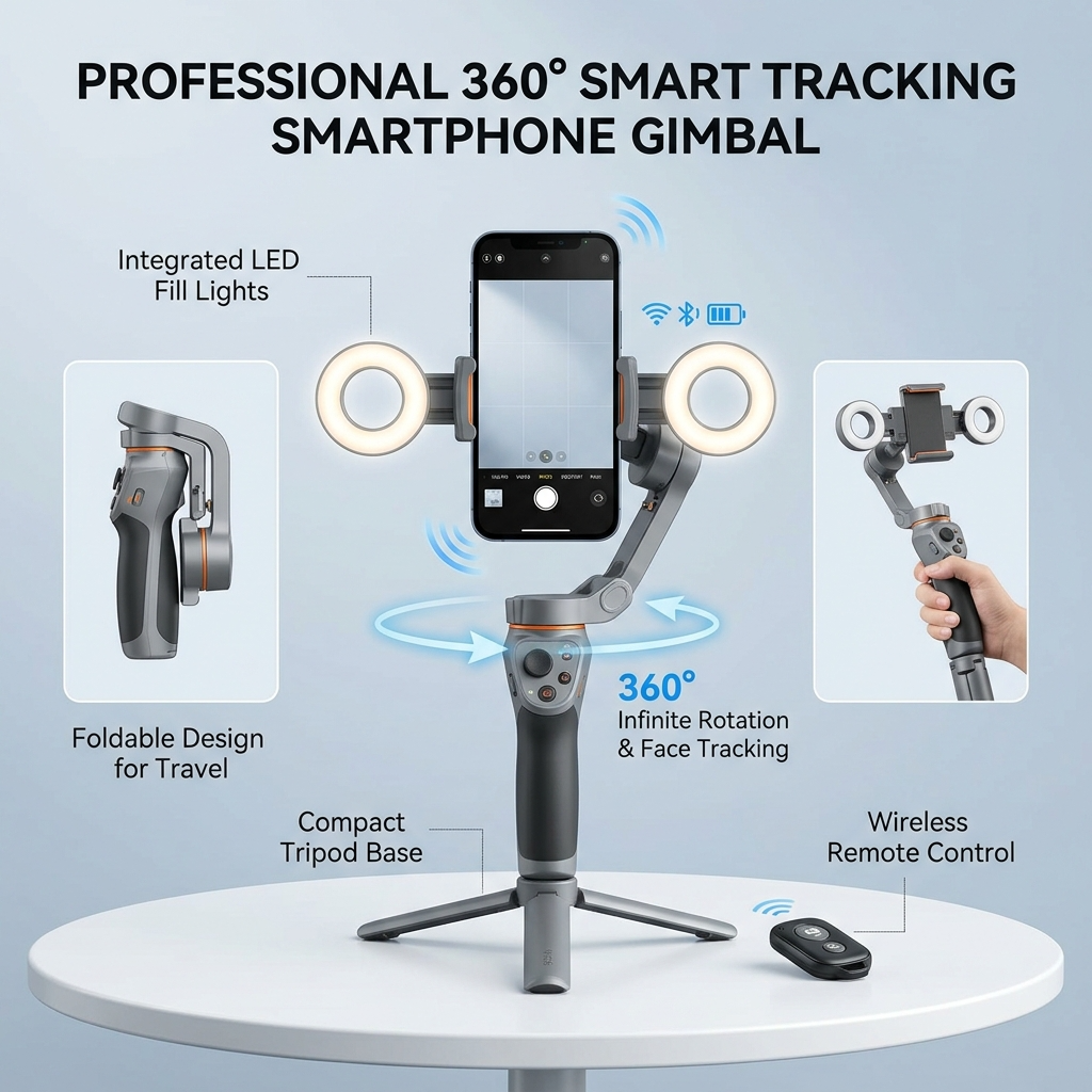Selfie Stick Tripod with 2 Fill Lights and Face Tracking