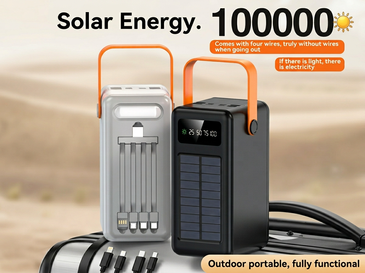 Solar Energy Power Bank 100000mAh with four built-in cables