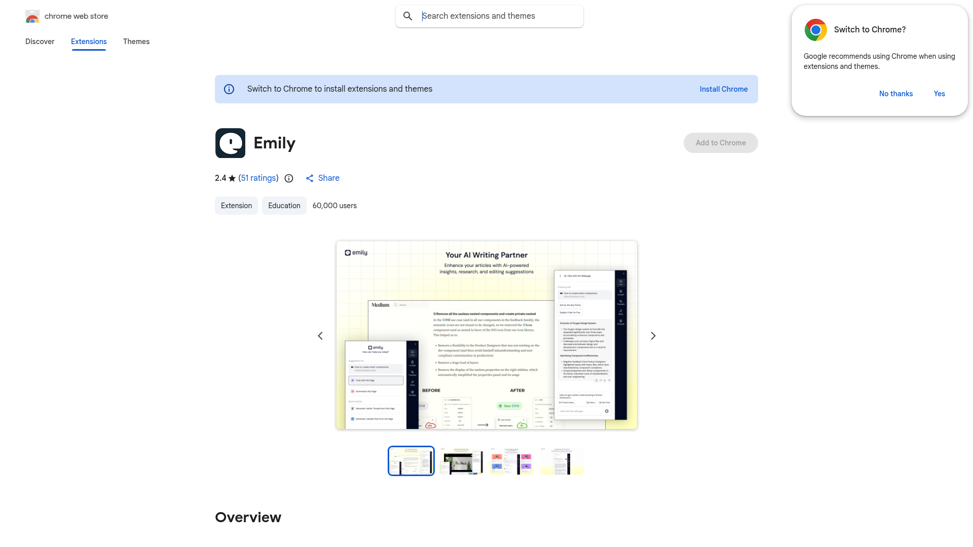 Emily AI writing assistant extension preview