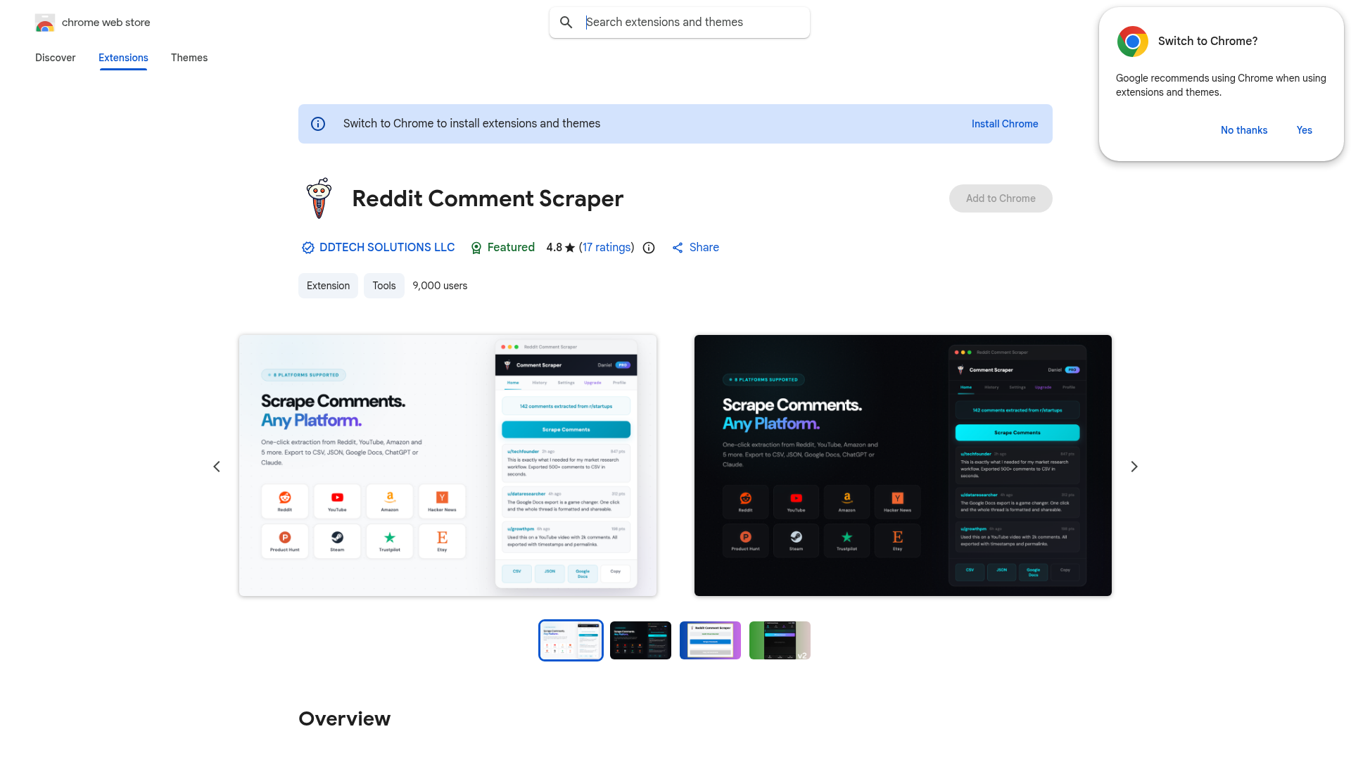 Reddit Comment Scraper extension preview