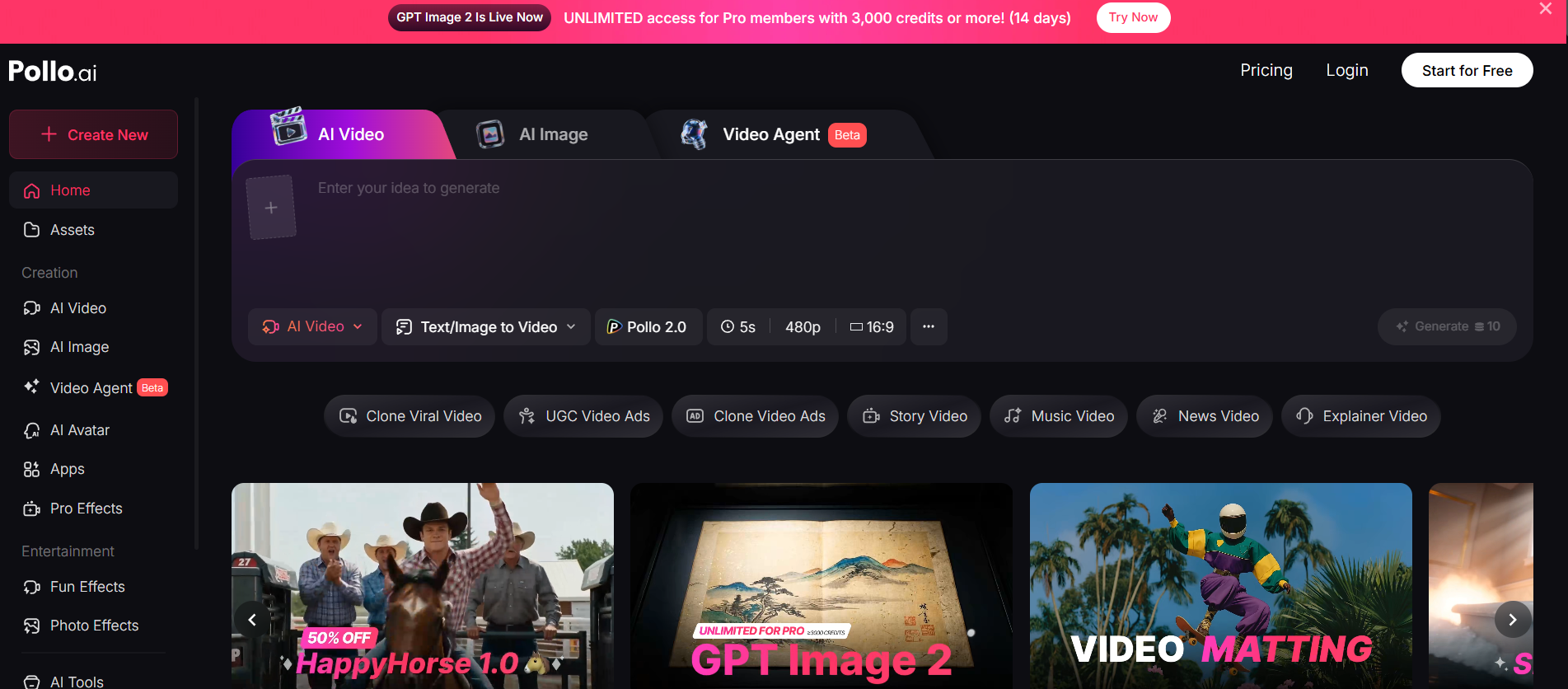 Pollo.ai AI video generation platform preview